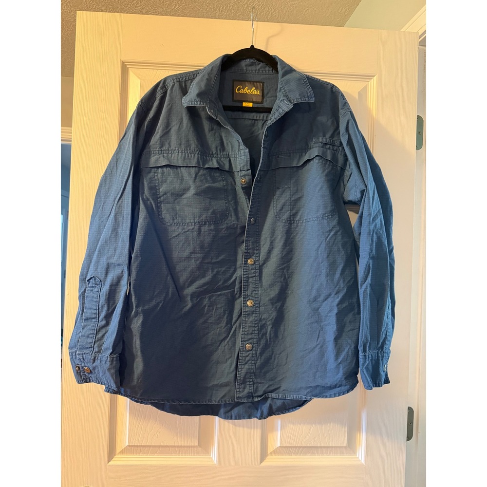 Cabelas Mens Large Blue Ripstop Long Sleeve Button Down Fishing Hiking Shirt